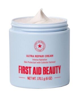 First Aid Beauty Light Blue Jar Moisturizer with Red Logo